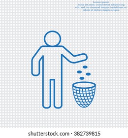 Silhouette of a man, throwing garbage in a bin, line icon