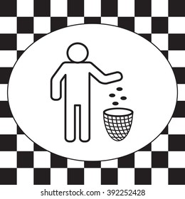 Silhouette of a man, throwing garbage in a bin, line icon