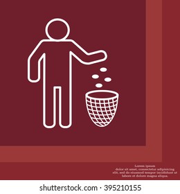 Silhouette of a man, throwing garbage in a bin, line icon