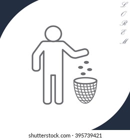 Silhouette of a man, throwing garbage in a bin, line icon