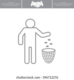 Silhouette of a man, throwing garbage in a bin, line icon