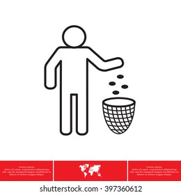 Silhouette of a man, throwing garbage in a bin, line icon