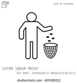 Silhouette of a man, throwing garbage in a bin, line icon