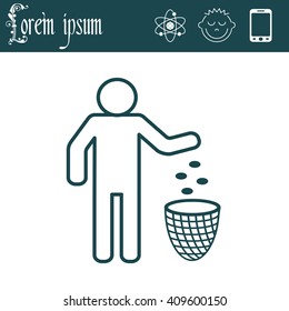 Silhouette of a man, throwing garbage in a bin, line icon
