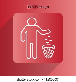 Silhouette of a man, throwing garbage in a bin, line icon