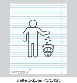 Silhouette of a man, throwing garbage in a bin, line icon