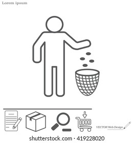 Silhouette of a man, throwing garbage in a bin, line icon