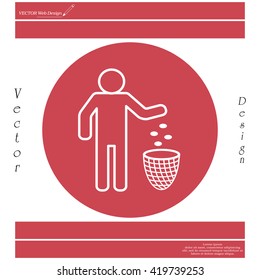 Silhouette of a man, throwing garbage in a bin, line icon