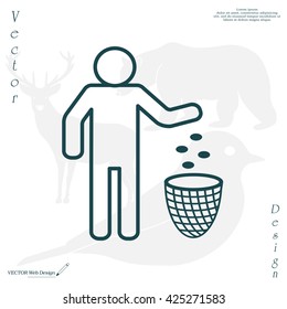 Silhouette of a man, throwing garbage in a bin, line icon