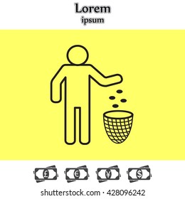Silhouette of a man, throwing garbage in a bin, line icon