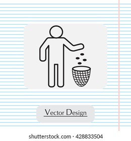 Silhouette of a man, throwing garbage in a bin, line icon