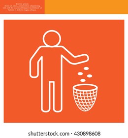 Silhouette of a man, throwing garbage in a bin, line icon