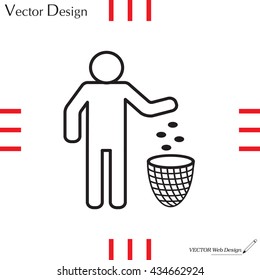 Silhouette of a man, throwing garbage in a bin, line icon