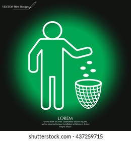 Silhouette of a man, throwing garbage in a bin, line icon