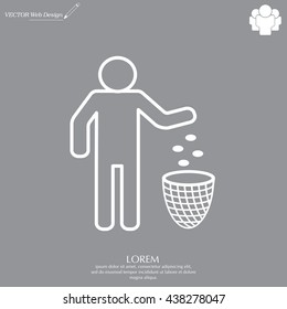 Silhouette of a man, throwing garbage in a bin, line icon