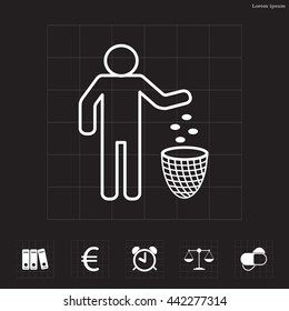 Silhouette of a man, throwing garbage in a bin, line icon