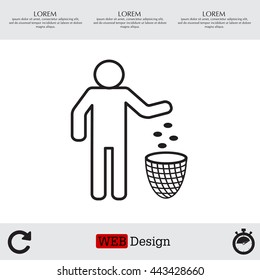 Silhouette of a man, throwing garbage in a bin, line icon