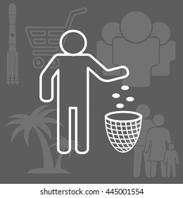 Silhouette of a man, throwing garbage in a bin, line icon