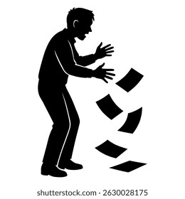 Silhouette of man throwing papers in the air concept of stress and frustration in black and white art 100