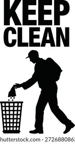 Silueta de hombre arrojando basura en una cesta con el texto Keep Clean.