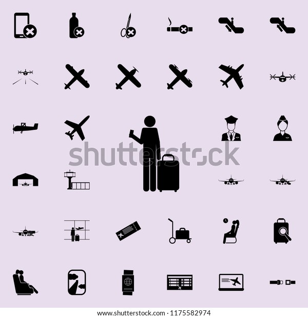 silhouette of a man with a ticket\
and luggage icon. Airport Icons universal set for web and\
mobile