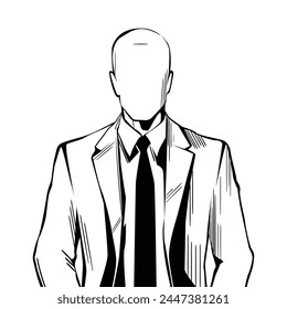 Silueta de un hombre con corbata y traje de negocios. Un hombre de negocios y político se levanta hasta la cintura. Dibujo gráfico, logo de un abogado, un hombre con chaqueta. Vector