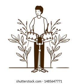 silhouette of man with timpani and branches and leaves in the background