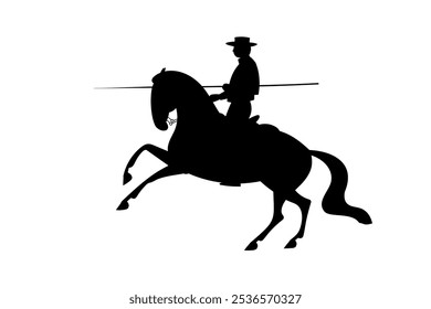 Silhouette of a man in traditional attire riding a horse, holding a long spear