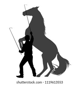 Silhouette of a man  training horse to rear up