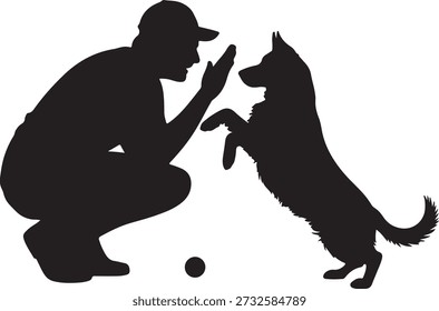 Silueta de un hombre entrenando o jugando con su perro, que se para en sus patas traseras, extendiéndose hacia su mano ahuecada.