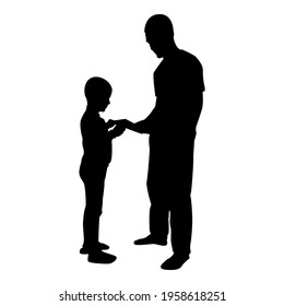 Silhouette man transmits thing to boy father male give book gadget smartphone son children take something dad relationship family concept child friendship toddler daddy black color vector 
