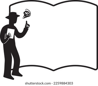 A silhouette of a man in trouble in front of a frame of a big book