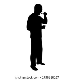 Silhouette man trying food from spoon standing tasting concept gourmet tries dish chef trying black color vector illustration flat style simple image