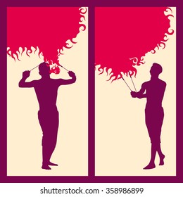silhouette of a man with two torches, performing FIRE show