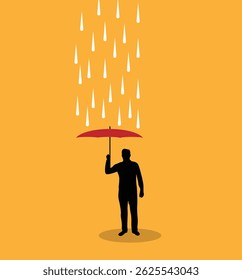 Silhouette of Man with Umbrella Under Pouring Rain. Business protection idea, bad weather and raining day