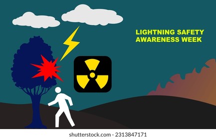 silhouette of a man under a tree and a tree being struck by lightning with a hazard sign commemorating LIGHTNING SAFETY AWARENESS WEEK
