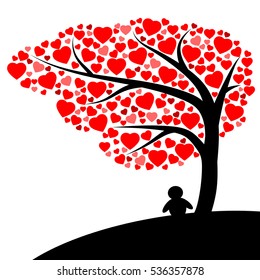 Silhouette man under the tree of red hearts vector isolated on white background in lovely concept