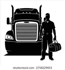 A silhouette of a man in uniform standing next to a semi-truck with a large grill and headlights