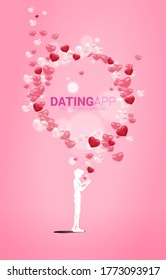 Silhouette of man use mobile phone with multiple heart particle. Concept for online love and dating application.