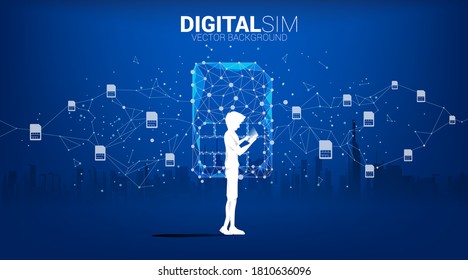 Silhouette of man use mobile phone with digital sim dot connect line on city background. Concept for mobile technology and network.