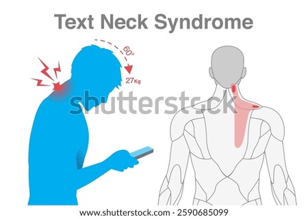 Silhouette man use smartphone with bending neck down more angle made neck pain and shoulder ache. Muscle inflammation, Text Neck Syndrome.