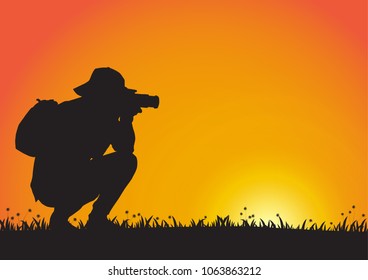 Silhouette of man using camera on golden sunset background, vector illustration