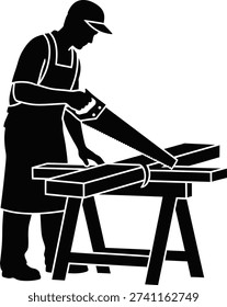 Silhouette Man using handsaw on wood piece with workbench setup