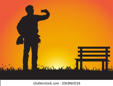 Silhouette of man using mobile phone on golden sunset background, vector illustration