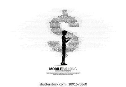 Silhouette of man using mobile phone and money dollar currency with one and zero binary code digit matrix style. Background Concept for electronic money and digital banking