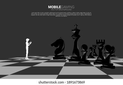 Silhouette of man using mobile phone with chess. Business Concept of marketing target and customer.