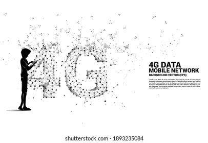Silhouette des Menschen mit Handy mit Polygon Dot verbinden Linie geformt 4G Mobilfunknetz. Konzept für die Mobilfunk-Datensim-Kartentechnologie.