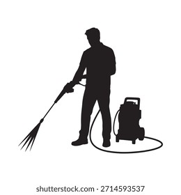 A silhouette of a man using a pressure washer for outdoor cleaning
