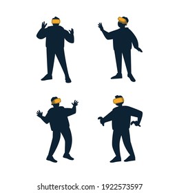 Silhouette of a man using virtual reality glasses. A person in a VR headset. Flat vector illustration in black color isolated on white background