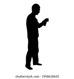Silhouette man using water sprayed in up male watering garden using hand sprinkler holding arm special comb black color vector illustration flat style simple image